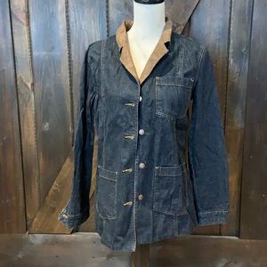 SPANNER extra long jean jacket with a suede like collar